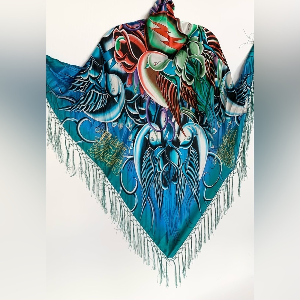 SCARF SHAWL WRAP ED HARDY 100% Silk Scarf Turquoise Aqua 40x40 Fringe Birds RARE